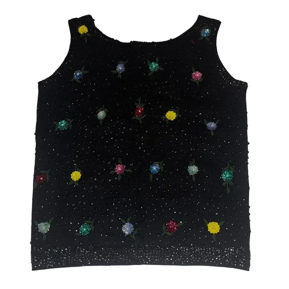 Vintage Sleeveless Sweater - Cyn Les Hand Beaded Sequin Rosette Black - Size 36 - Picture 2 of 11